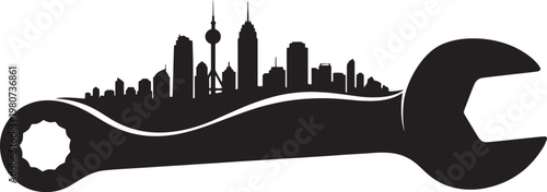 City skyline silhouette integrated with large wrench tool graphic design representing urban maintenance infrastructure development and city services