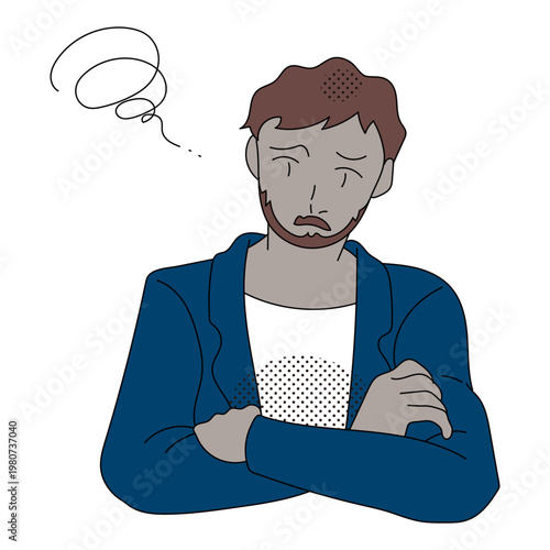 Bearded business casual office worker thinking with crossed arms
