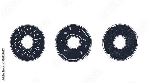 Three stylized donuts with various toppings in a simple dark outline illustration