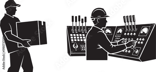 Industrial worker silhouette set featuring delivery man carrying cardboard box and operator managing control panel with levers and gauge indicators