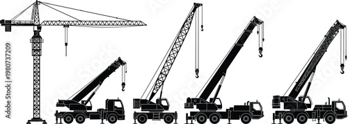 Construction crane silhouettes set featuring tower crane and mobile truck cranes for heavy lifting building industry and engineering architectural projects vector