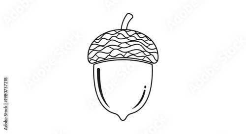 Black and white line art illustration of an oak acorn with a wavy textured cap serves as a seasonal element for autumn themed projects.