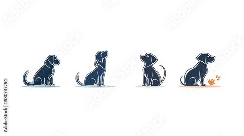 Stylized illustrations of four dogs in different poses, primarily in profile view, on a white background