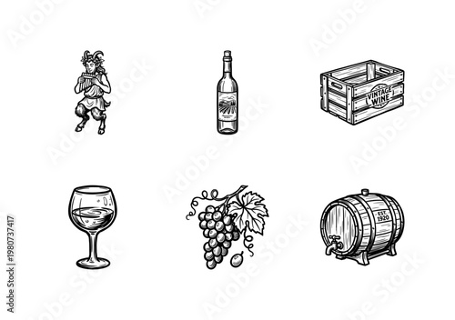 Wine Production and Viticulture Mythology Elements with Traditional Inky Brushwork and Hand-Drawn Painterly Aesthetic