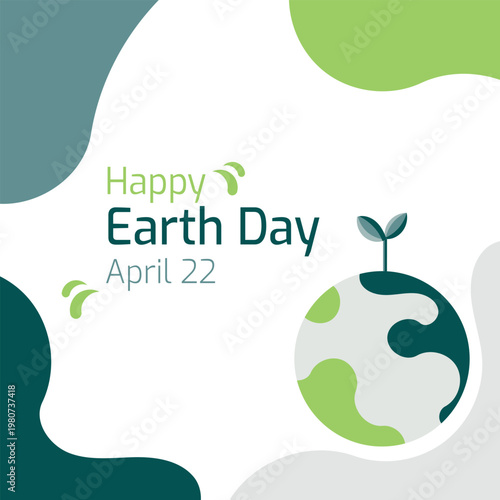 Earth Day April 22 illustration. Vector eco friendly background with planet Earth, green sprout and abstract shapes, world environment day celebration banner.