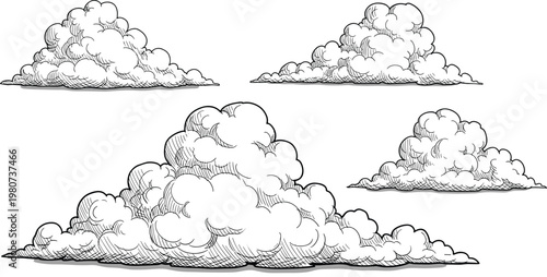 Hand drawn cloud collection set with different shapes detailed sketch style vintage sky elements illustration
