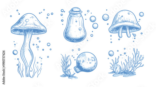 Artistic blue sketch of mushrooms, bottles, and sea plants with bubbles on a white background