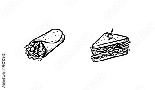 Fast Food Favorites and Popular Takeout Snacks in Hand-Drawn Inky Brushstroke Style