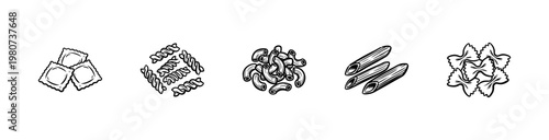 Italian Pasta Varieties and Mediterranean Cooking Ingredients in Hand-Drawn Inky Brushwork Style