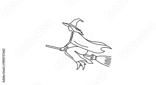 witch flying on broomstick, halloween icon, black line art, minimalist vector