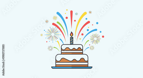 Colorful birthday cake with fireworks and candle