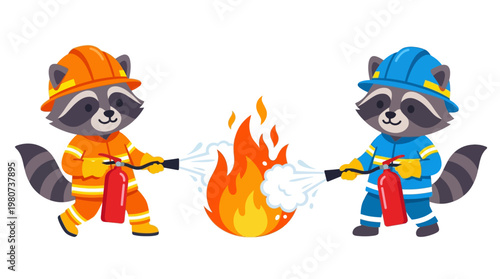 Adorable cartoon raccoons dressed as brave firefighters, working together with fire extinguishers to extinguish a small blaze, symbolizing teamwork and emergency response