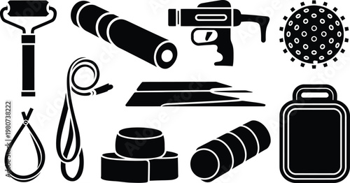 Fitness recovery and massage equipment silhouette  icon set vector
