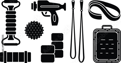 Fitness recovery and massage equipment silhouette  icon set vector