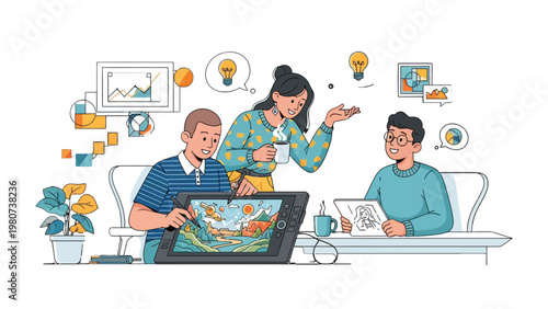 Creative brainstorming: A collaborative design meeting unfolds as three professionals exchange ideas, with a graphic tablet at the center, charting the course of innovation and ingenuity.