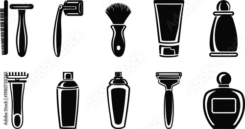 Men Grooming Shaving Barber Tools Silhouette Icons Set Vector