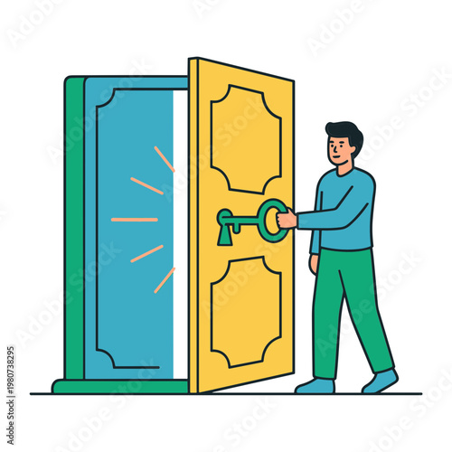 Man opens large yellow door with green key and enters bright blue room