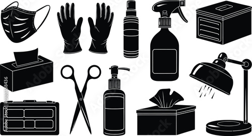 Sanitization, Cleaning, and Hygiene Equipment Silhouette Icon Set Vector illustration