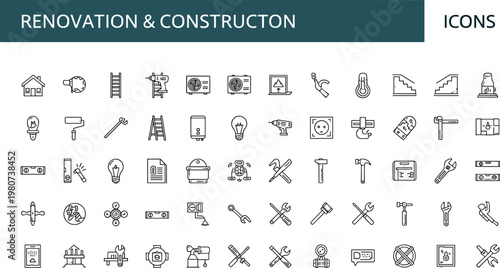 Renovation and construction line icon set with repair tools ladder drill hammer home improvement equipment outline vector collection for maintenance projects