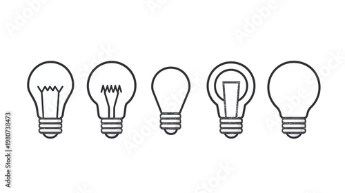 Five lightbulbs, outlined in black with varying interior designs, textured appearance
