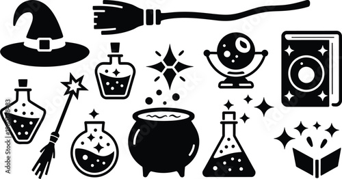 Magic and Witchcraft Vector Silhouette Icon Set Halloween Elements