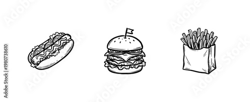 Fast Food and Street Food Snacks with Hand-Drawn Inky Brushwork and Chalkboard Texture Style