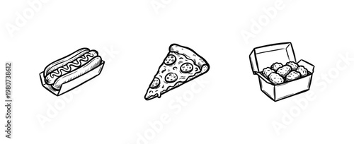 Fast Food Snacks and Junk Food Meal Elements with Bold Ink Outlines and Saturated Colors in Hand-Drawn Painterly Style.