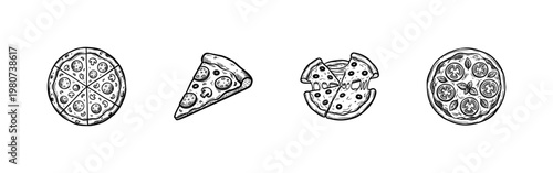 Italian Cuisine Pizza Slices and Whole Pies with Fluid Ink Brush Strokes in Hand-Drawn Painterly Style