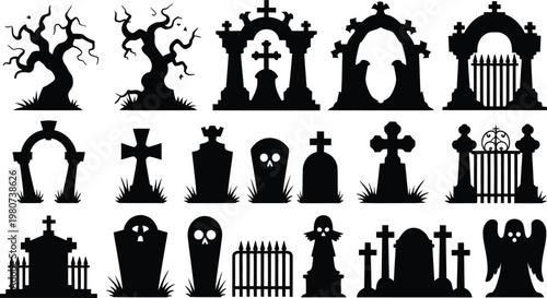 Halloween graveyard and cemetery silhouette vector set with tombstones, creepy trees, and spooky gates