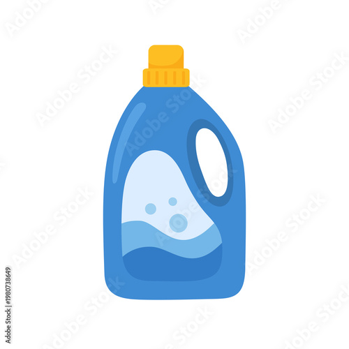 Laundry detergent bottle with blue liquid soap and yellow cap
