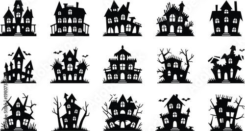 Spooky Halloween Haunted House Silhouette Vector Illustration