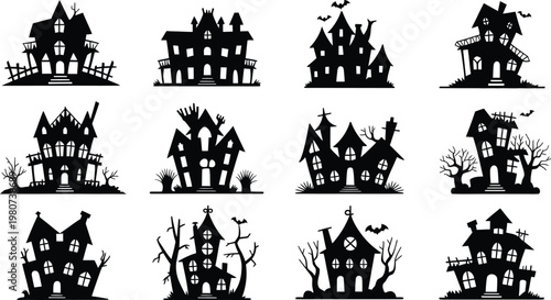 Spooky Halloween Haunted House Silhouette Vector Illustration