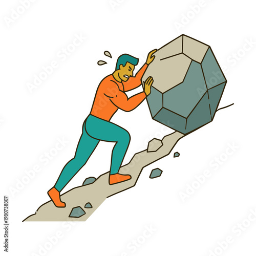 Man struggles to push large boulder up steep rocky mountain trail.