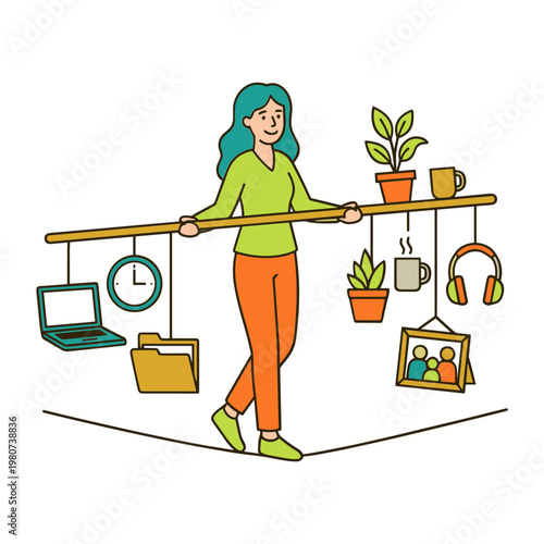 A woman balances various office and personal items on a long stick while walking.