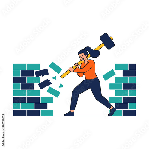Woman breaks through brick wall with sledgehammer in hand.
