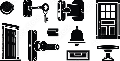 Door Hardware and Entryway Elements Black Silhouette Vector