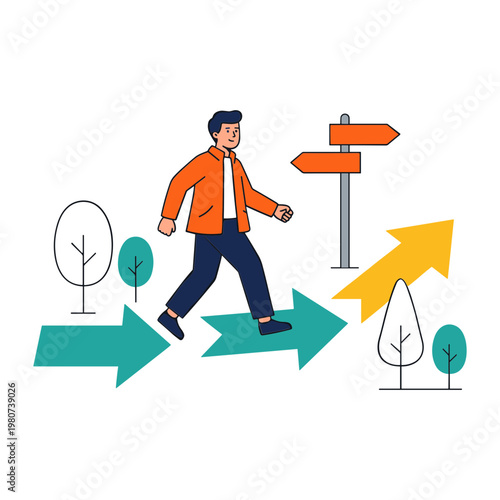 A man walks on arrows choosing direction with signs and trees around him.