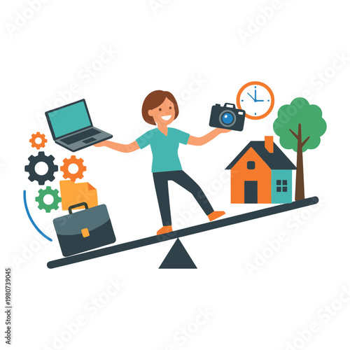 A woman balances work and personal life on a seesaw with laptop, camera, briefcase, house, and clock
