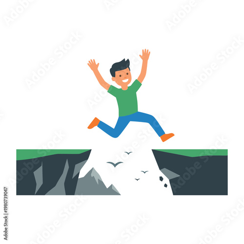 Man jumping over a cliff with arms raised in excitement and freedom outdoors