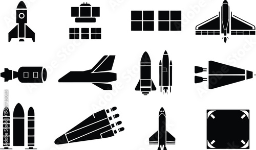 Spacecraft and Rocket Silhouette Vector Icon Collection