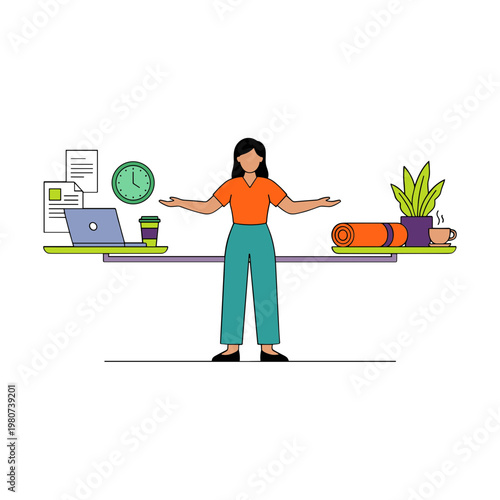 A woman balances work and leisure with laptop and yoga mat.