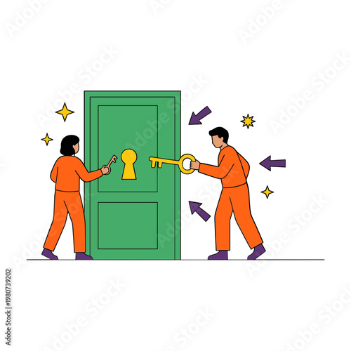 Two people unlocking a green door with a large key together