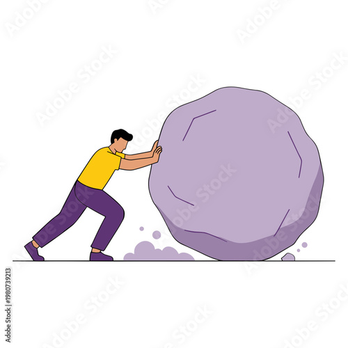 Man pushing large purple boulder uphill on flat ground with effort