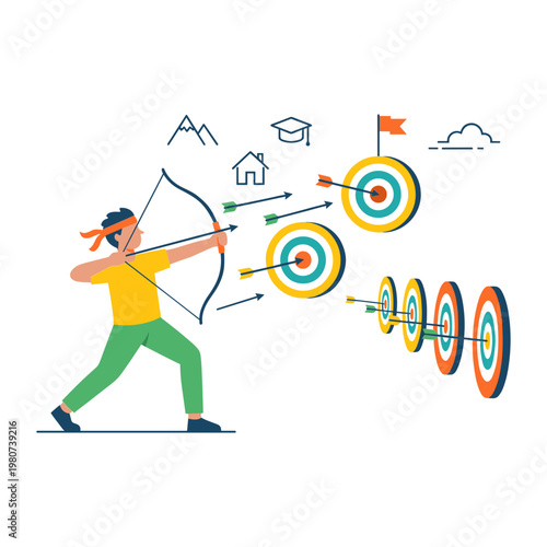 A person is aiming a bow and arrow at multiple targets with goals and achievements floating around.