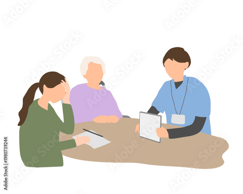 介護について悩む家族とケアマネージャーの相談シーン