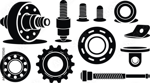 Mechanical Parts and Hardware Silhouette Icon Vector