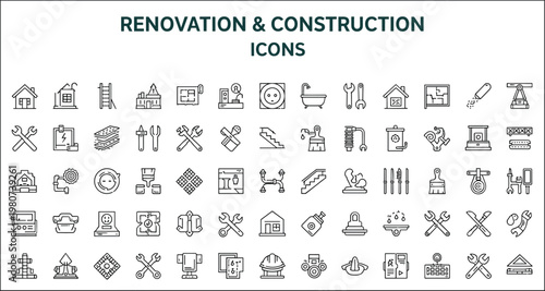 Renovation and construction outline icons set with repair tools ladder blueprint house improvement maintenance equipment vector line collection