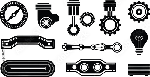 Industrial Mechanical Parts, Gears, Pistons, and Engineering Icon Set Vector illustration