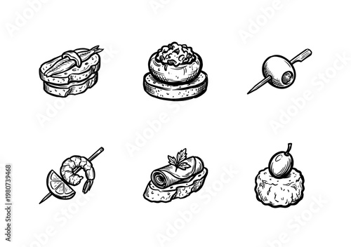 Spanish Tapas and Mediterranean Appetizers with Inky Brushwork and Hand-Drawn Painterly Aesthetic