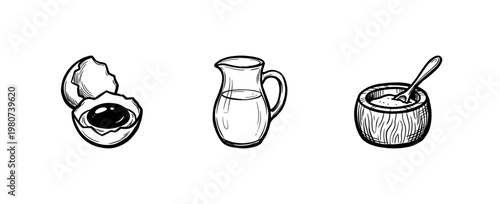 Baking Ingredients and Kitchen Utensils with Fluid Ink Brush Strokes in Hand-Drawn Painterly Style